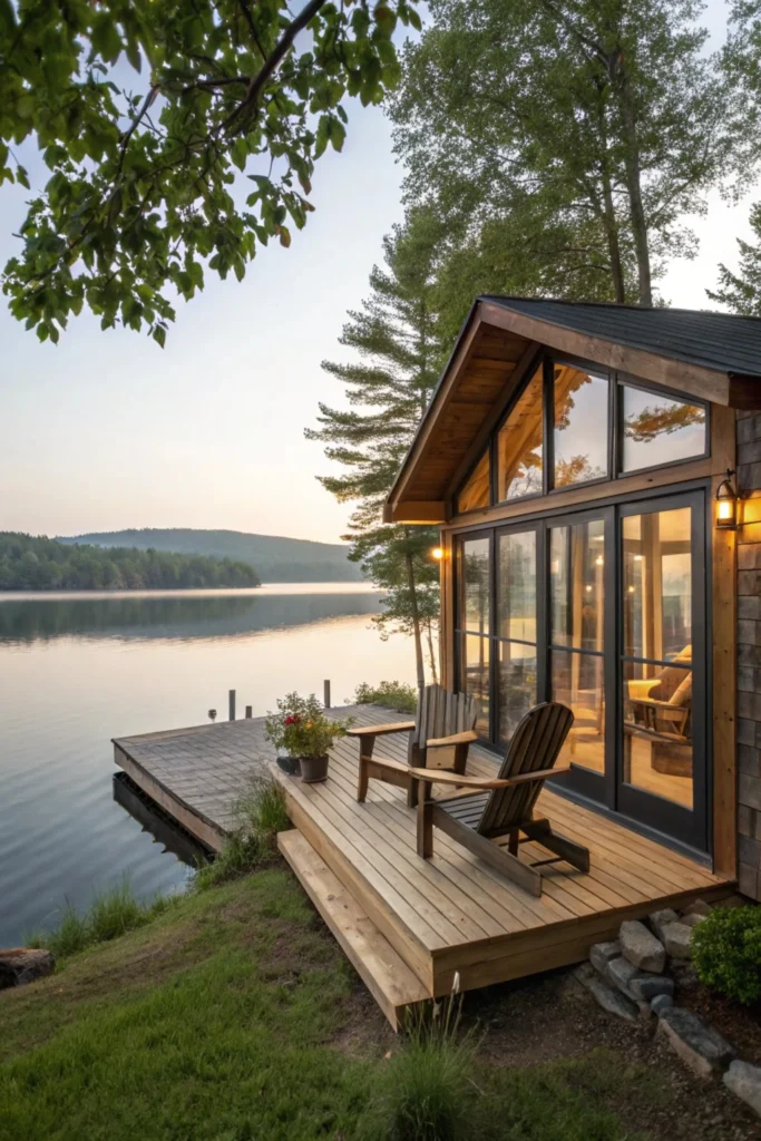 charming one-bedroom cabin on a serene lake, featuring a wooden deck, Adirondack chairs, and large windows overlooking the water.