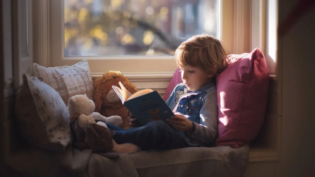 Young child enjoying a book in their personalized home reading nook with natural lighting and comfortable seating