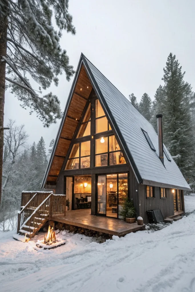 classic A-frame cabin with a steeply pitched roof, open living space, and a loft bedroom, set in a snowy landscape