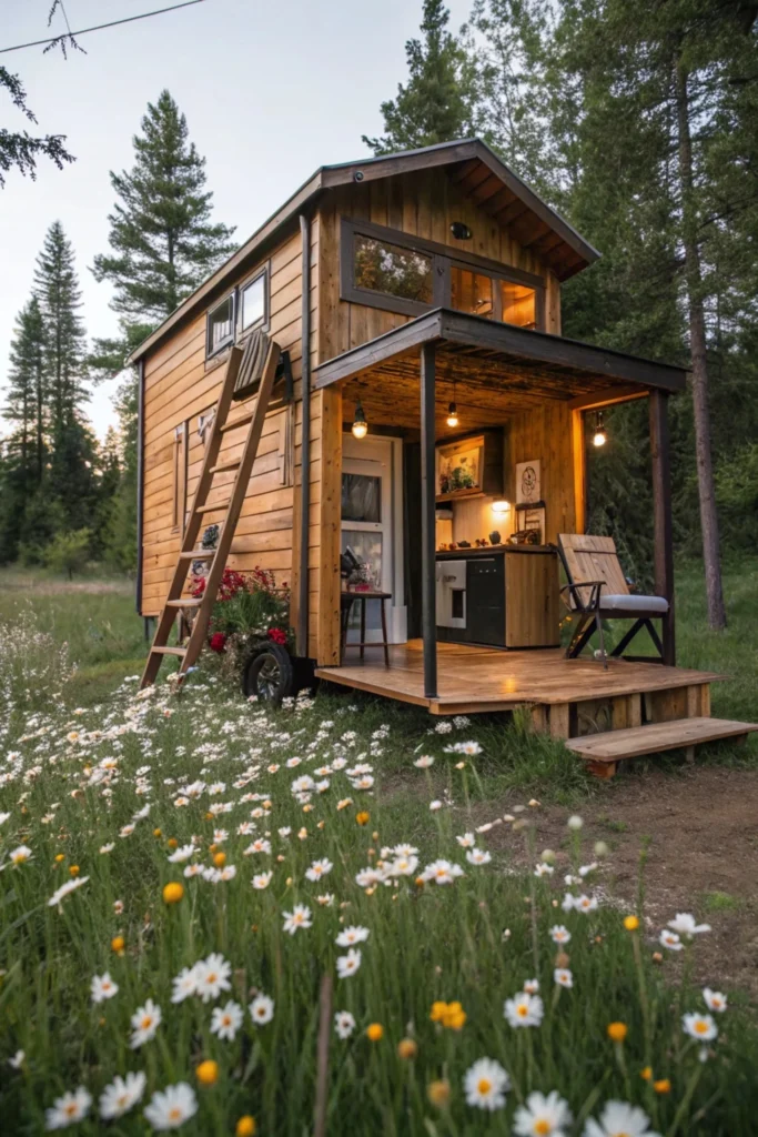 compact timber cabin with a loft bed, space-saving furniture, and a small porch, surrounded by wildflowers in a clearing.