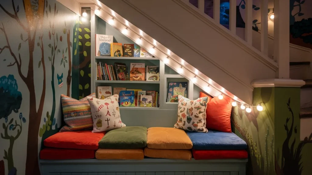 Cozy staircase nook with books