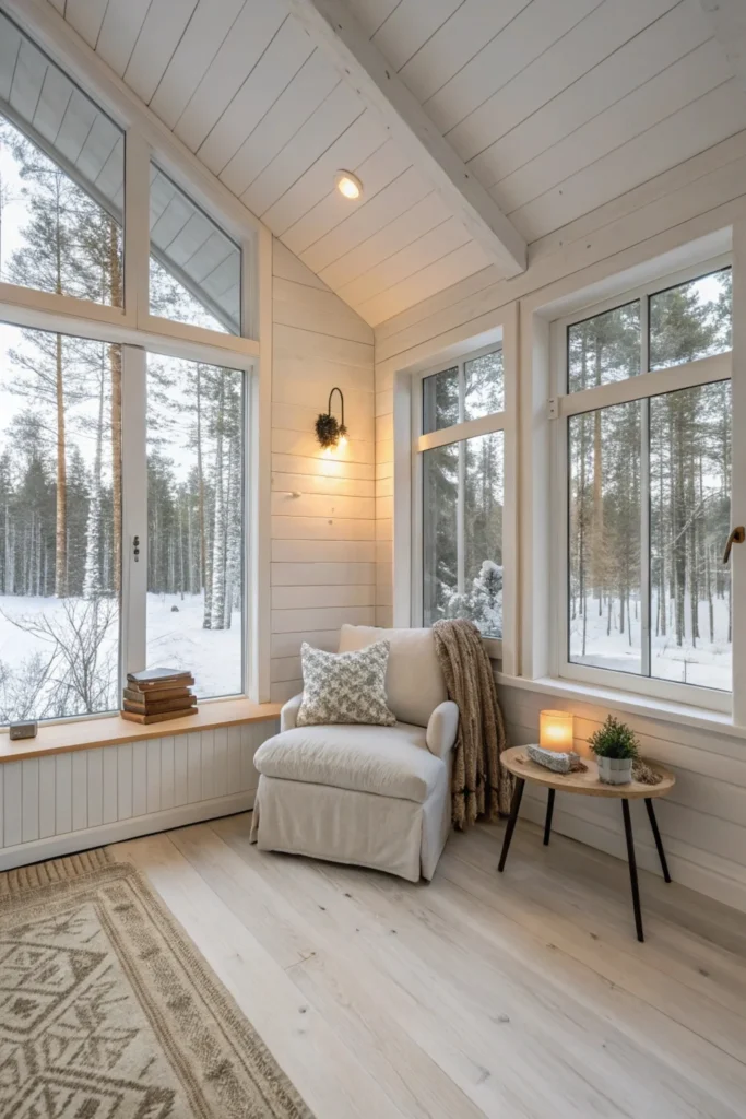 ight-filled Scandinavian-style one-bedroom cabin with white walls, large windows, and a cozy reading nook in a snowy forest.