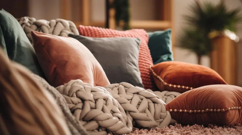 Soft textiles and comfort elements in children's reading nook including plush pillows, blankets, and reading rug