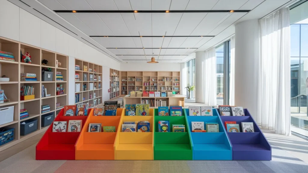 Child-height bookshelf with forward-facing books and organized reading materials in home reading nook