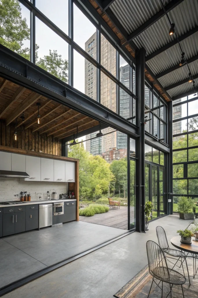 modern industrial-style cabin with exposed metal beams, large windows, and a sleek kitchen in an urban backyard.