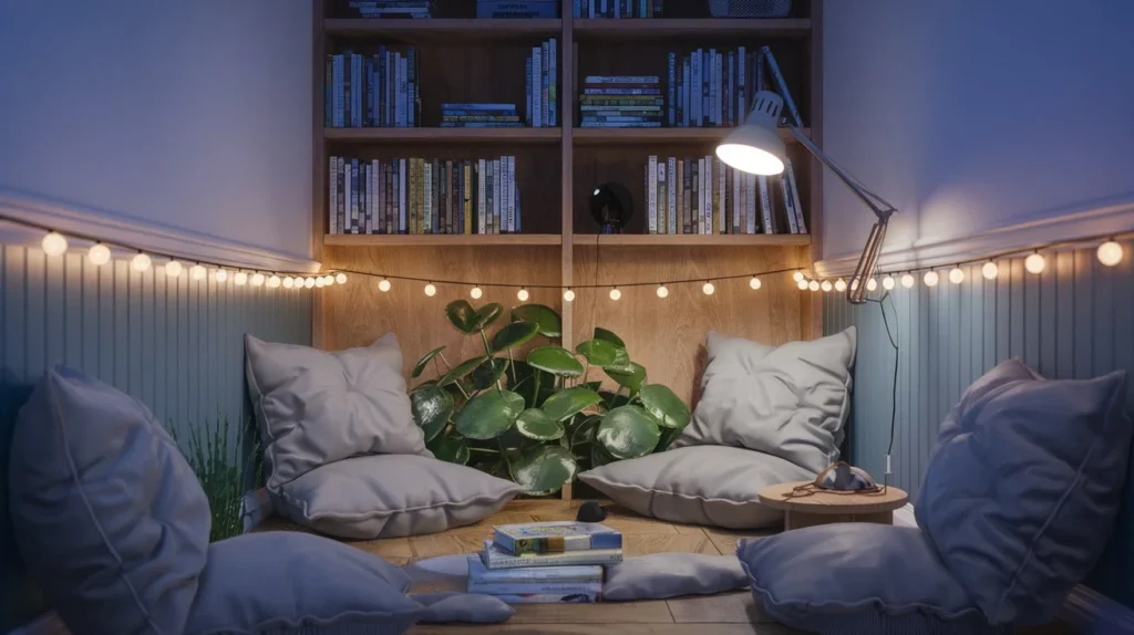 Reading nook lighting setup showing natural daylight, task lamp, and ambient lighting options for children's reading space