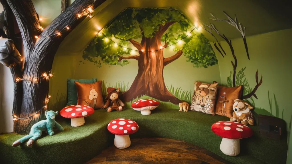 Personalized children's reading nook with themed decorations, wall art, and custom storage solutions