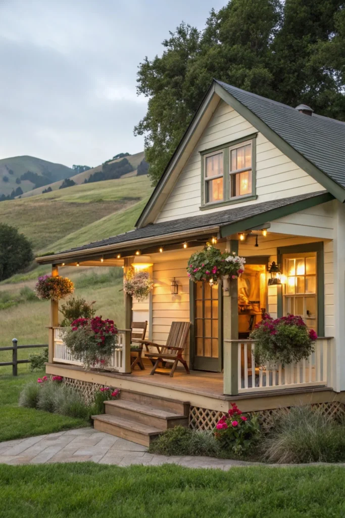 quaint, storybook-style one-bedroom cabin with a front porch, flower boxes, and a cozy interior in a countryside setting