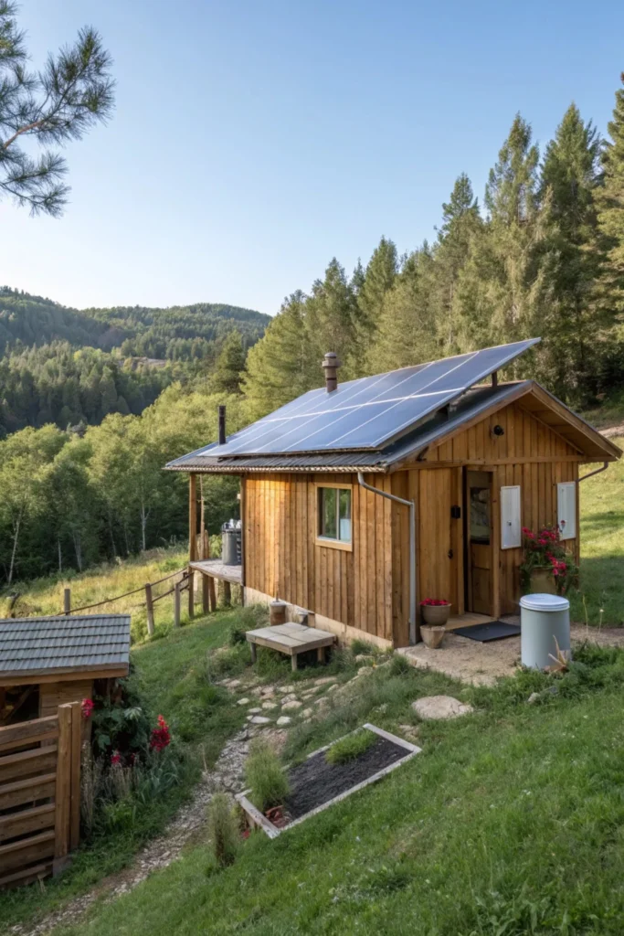 self-sufficient one-bedroom cabin with solar panels, a rainwater collection system, and a peaceful off-grid vibe in a remote location.