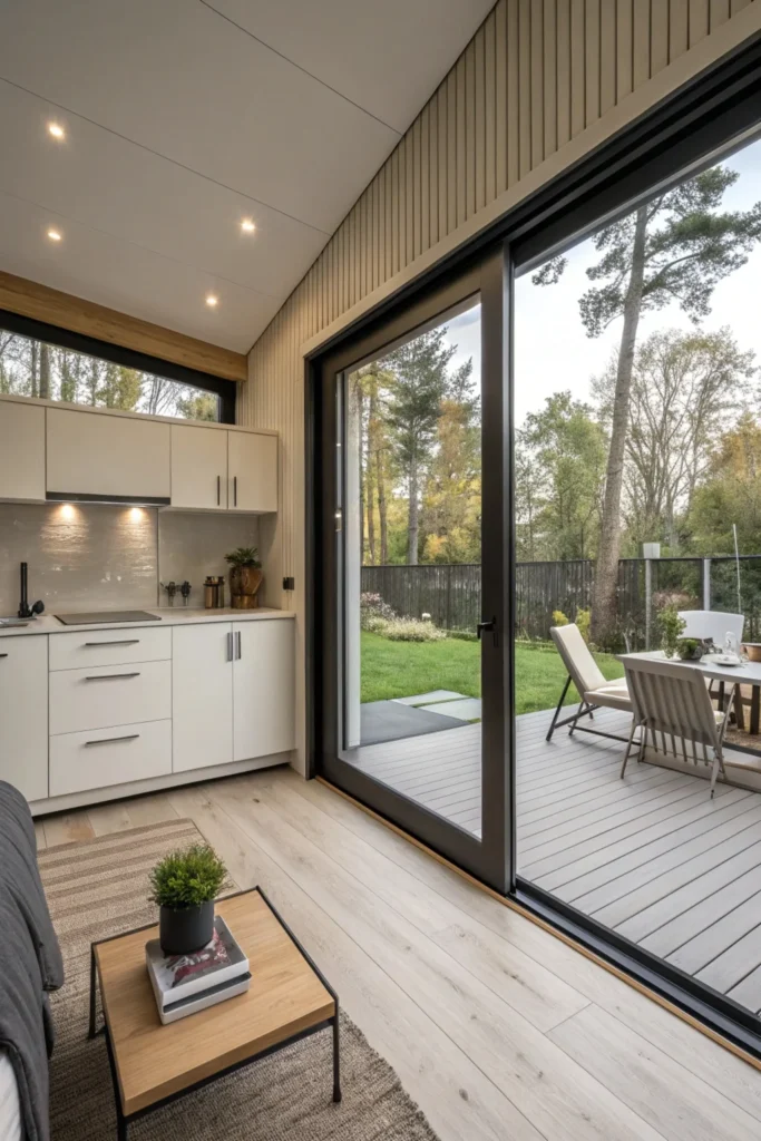 A sleek, contemporary one-bedroom cabin with large windows, minimalist decor, and a small deck in a suburban setting.