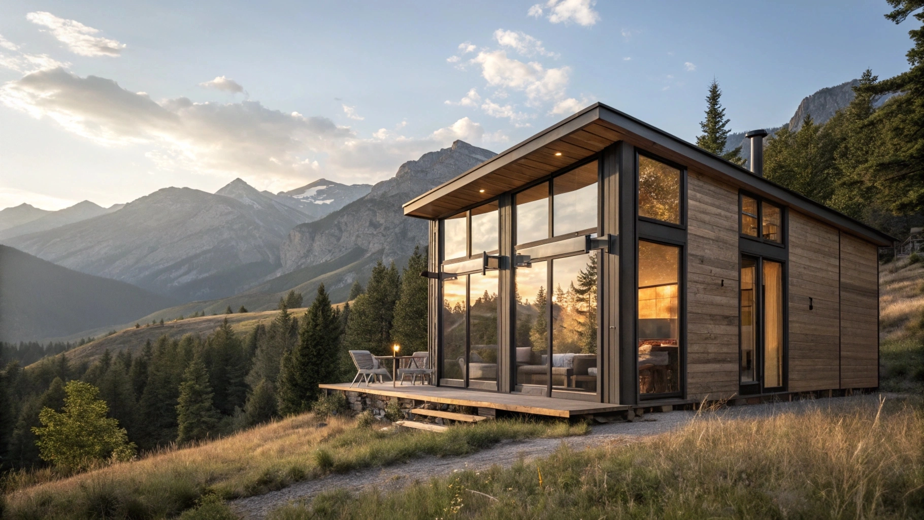 Modern tiny cabin with panoramic windows nestled in mountain landscape at sunrise