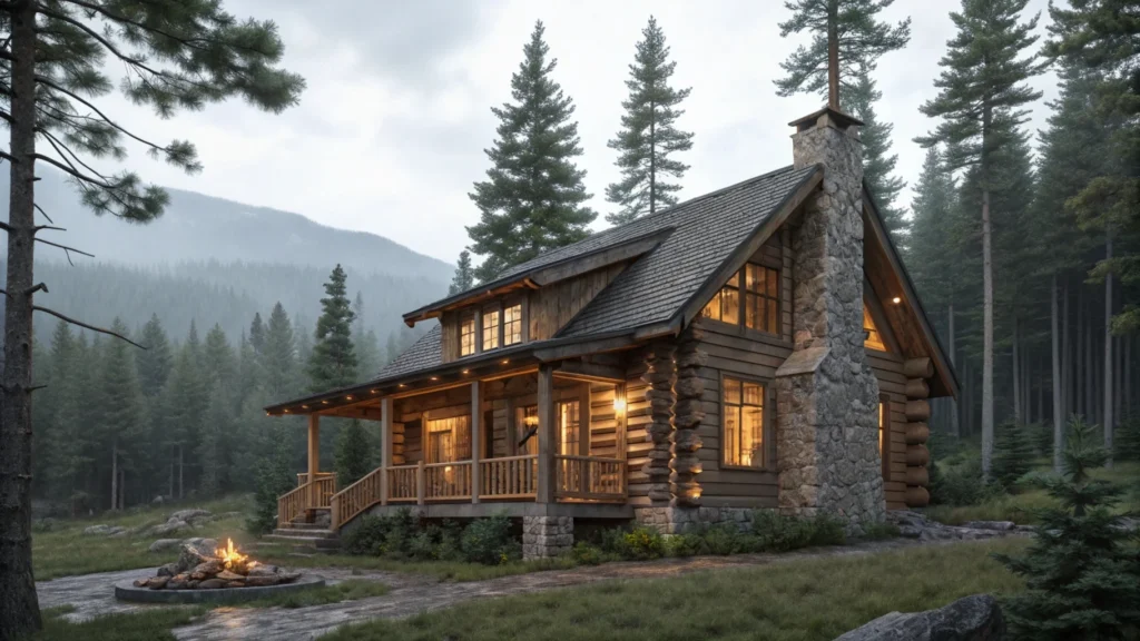 A cozy one-bedroom cabin in a serene forest, with a wooden porch, stone chimney, and warm golden light glowing from the windows, surrounded by tall pine trees.