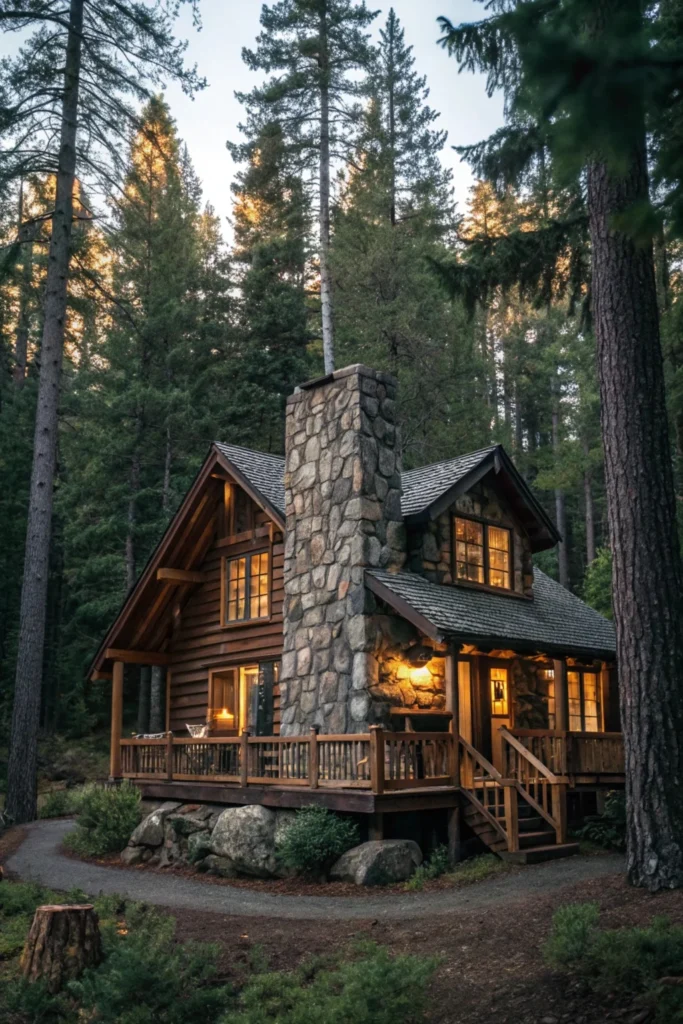 A traditional log cabin with a stone fireplace and wooden porch, nestled in a dense forest with warm lighting from the windows.