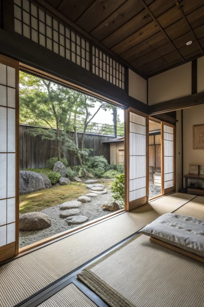 tranquil Japanese-inspired one-bedroom cabin with sliding doors, tatami mats, and a minimalist aesthetic, surrounded by a rock garden.