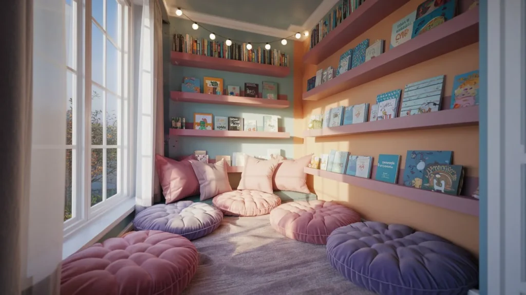 Cozy children's reading nook at home featuring window seat with plush cushions and built-in bookshelves