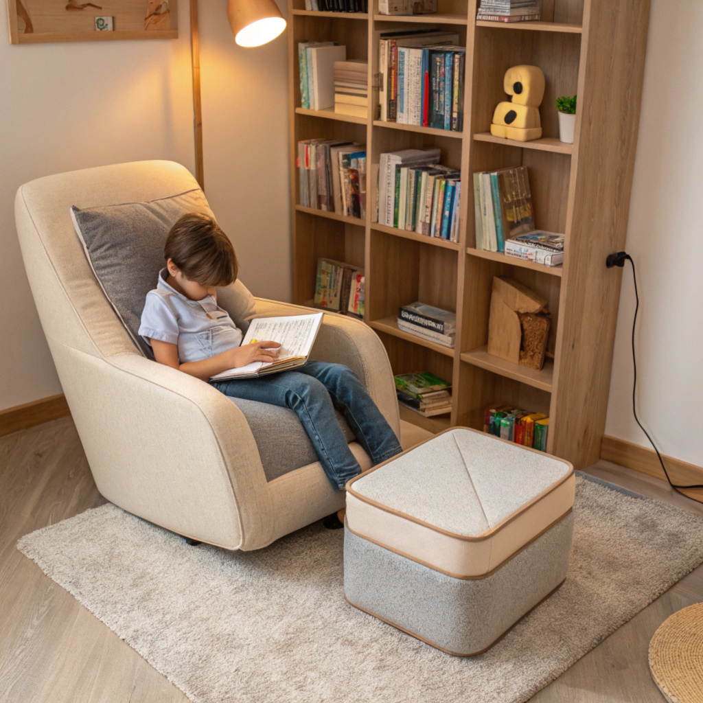 Child-sized ergonomic reading chair with footstool in cozy nook setting