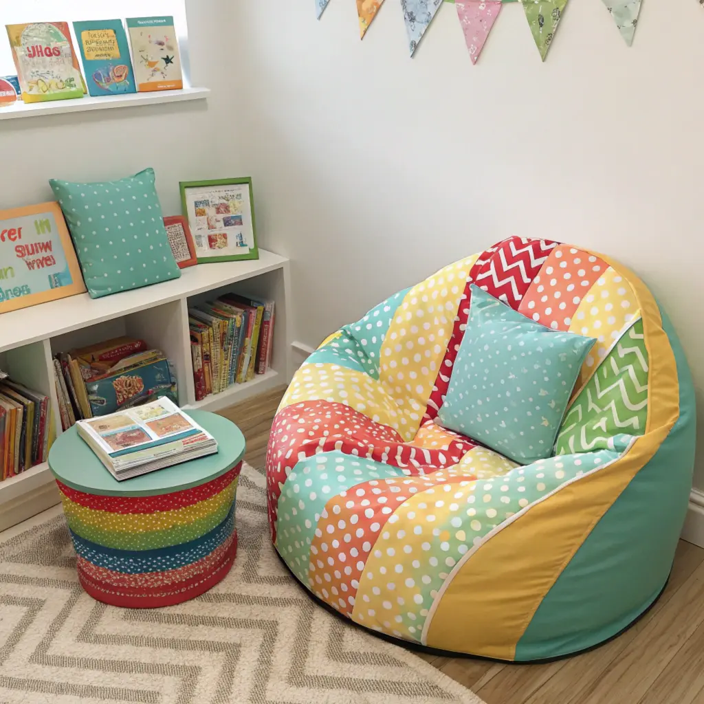 Colorful bean bag chair in children's reading corner with matching throw pillows