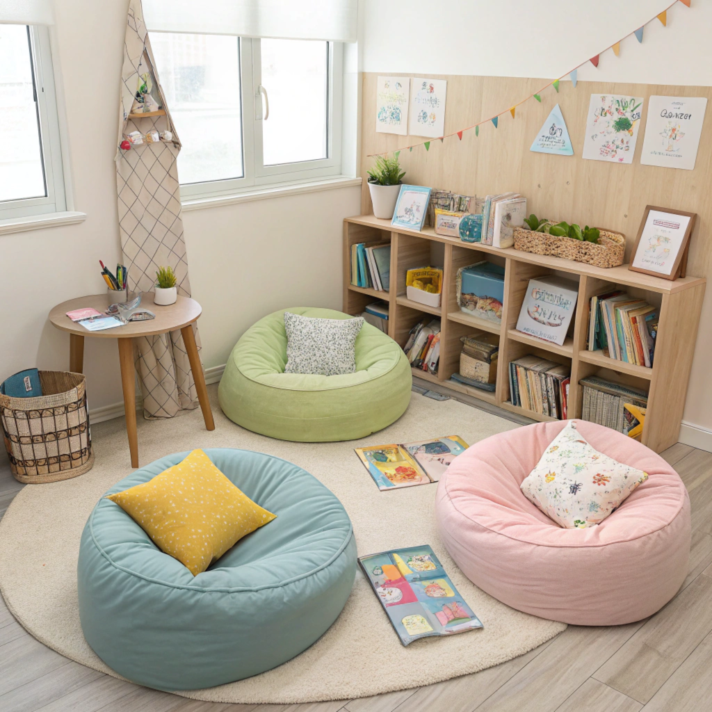 Comfortable floor cushion arrangement with back support in kids' reading area