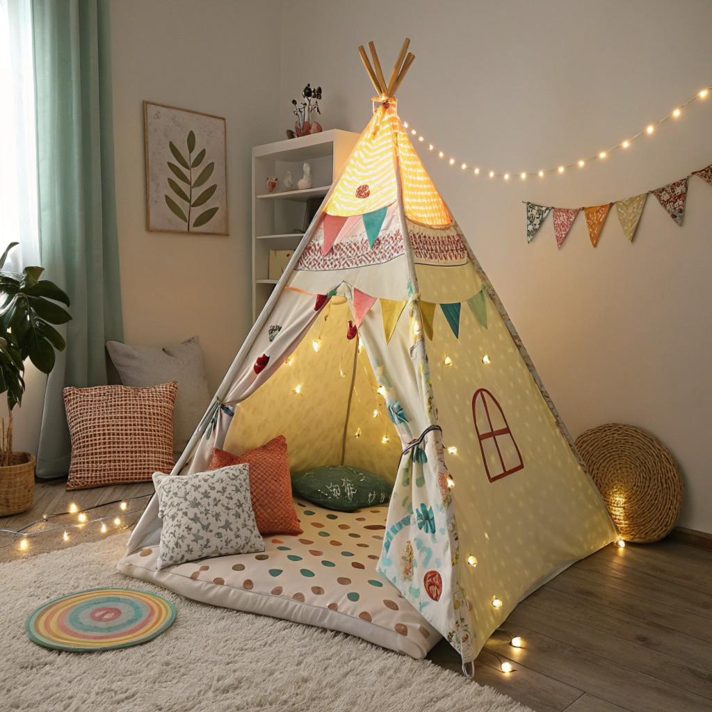 Decorated reading tepee with soft cushions and string lights for children's reading space