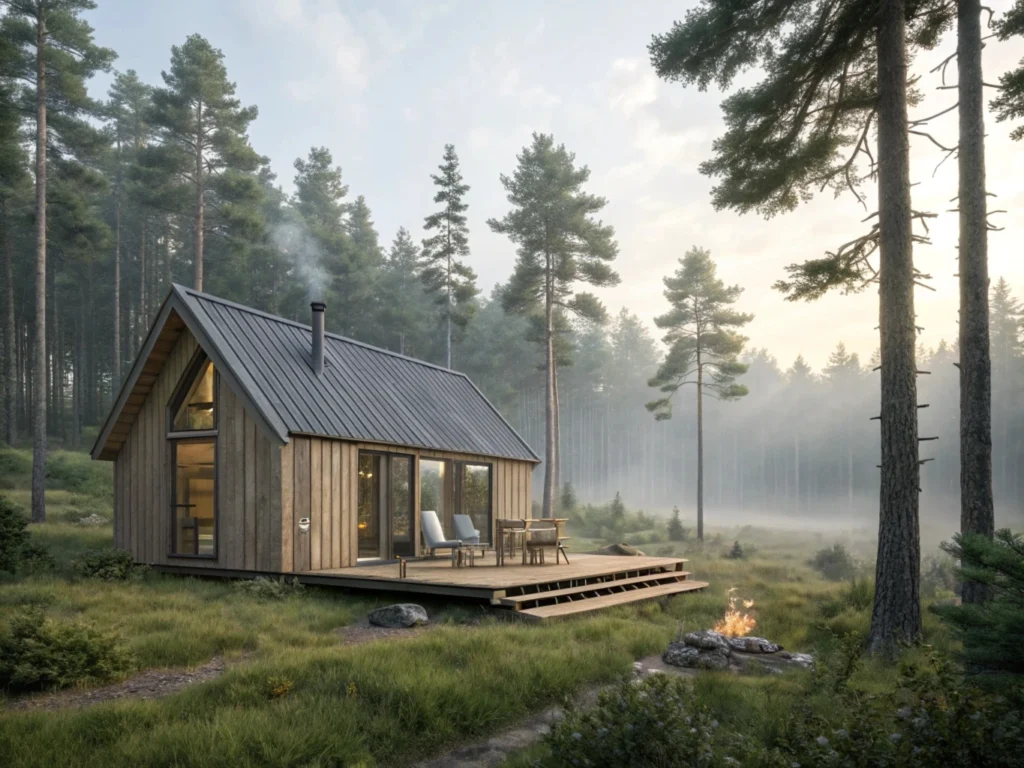 Woodland Retreat tiny cabin featuring fold-down deck and studio layout