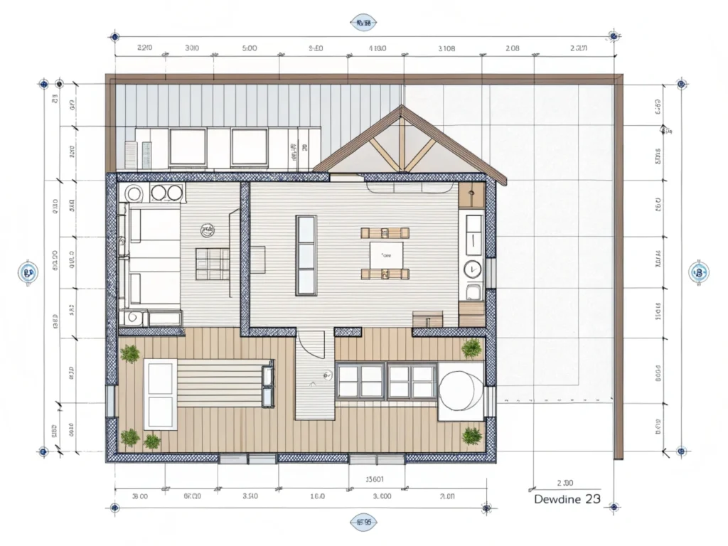 Detailed floor plan and measurements for tiny cabin construction