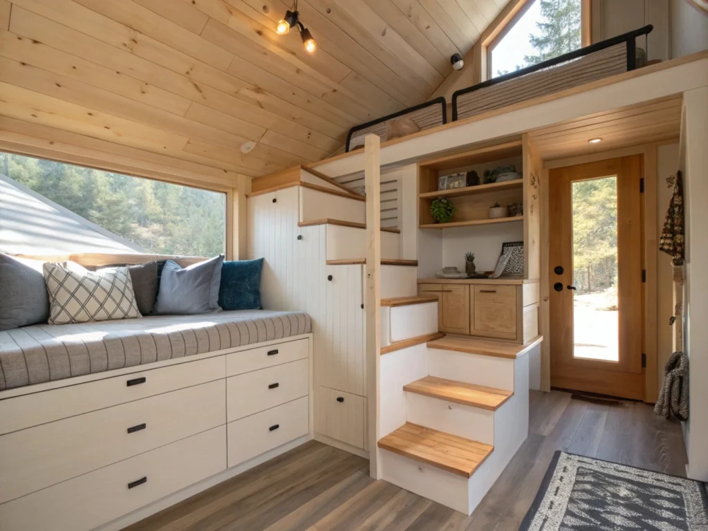 Smart storage solutions in tiny cabin featuring custom staircase storage