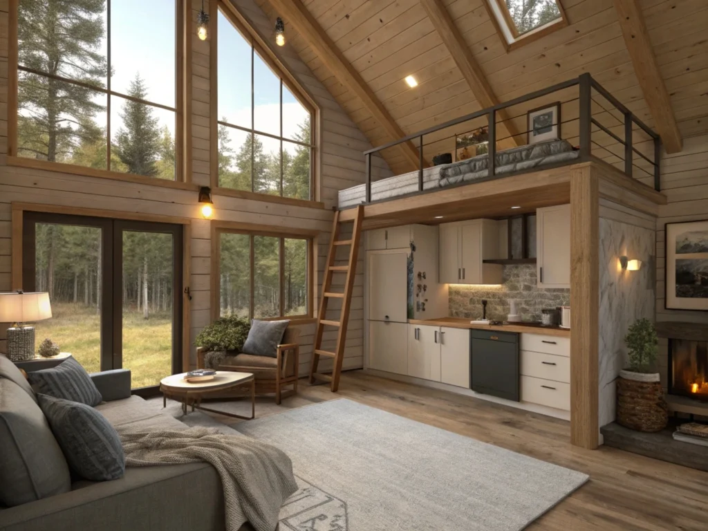 Open concept tiny cabin interior with lofted bedroom and multifunctional furniture