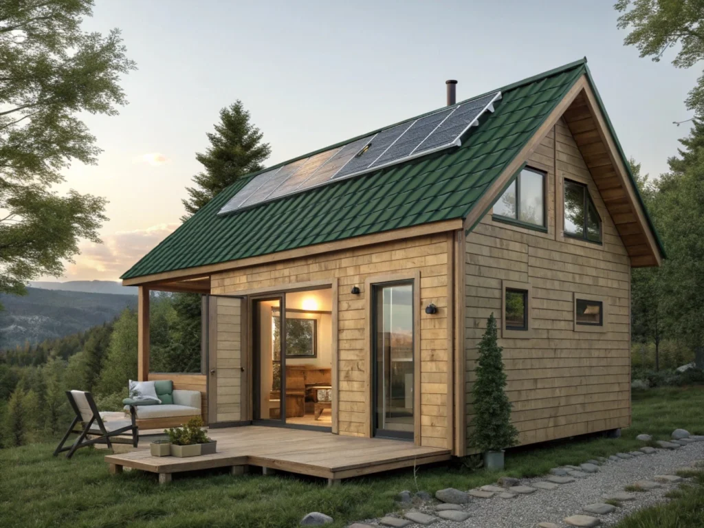 Eco-friendly tiny cabin showing solar panels and sustainable building materials