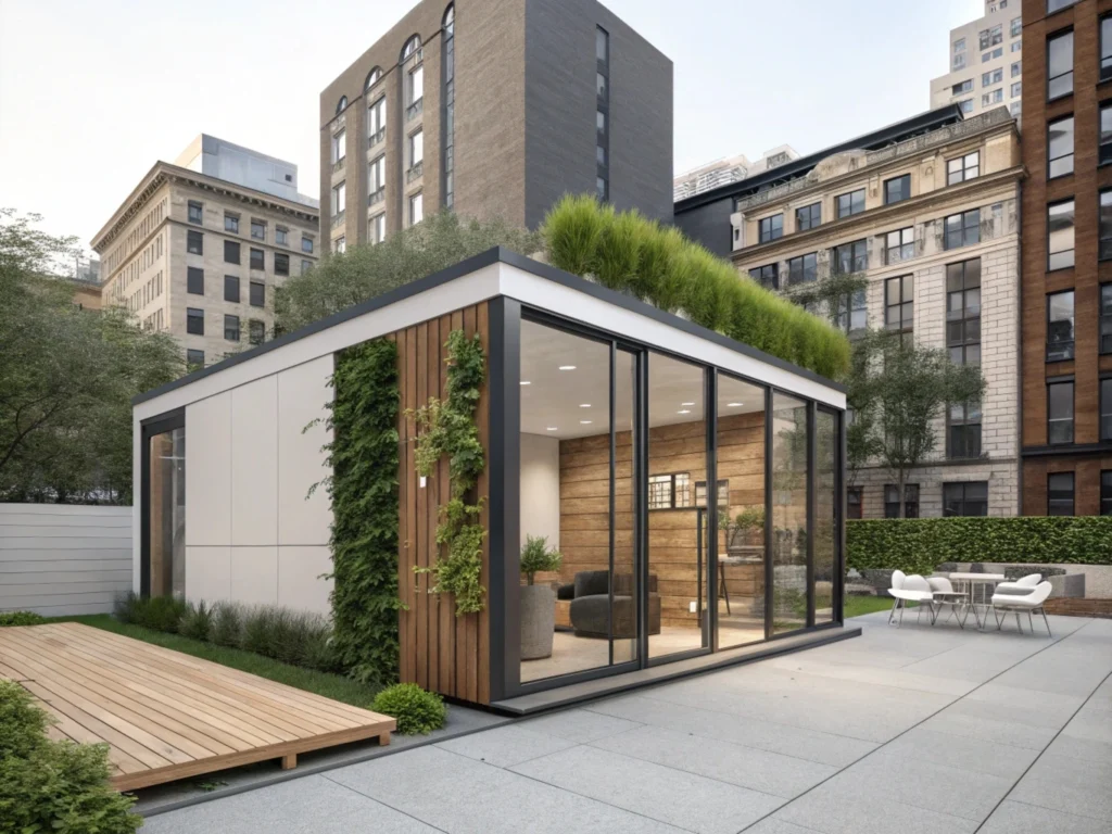 Urban Micro 150 sq ft tiny cabin with vertical garden integration