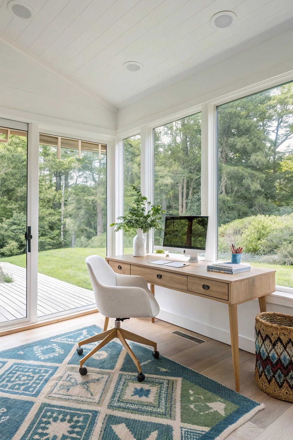 bright and airy mid-century modern home office with a white oak desk, white ergonomic chair, large windows overlooking a garden, and a blue and green geometric rug.