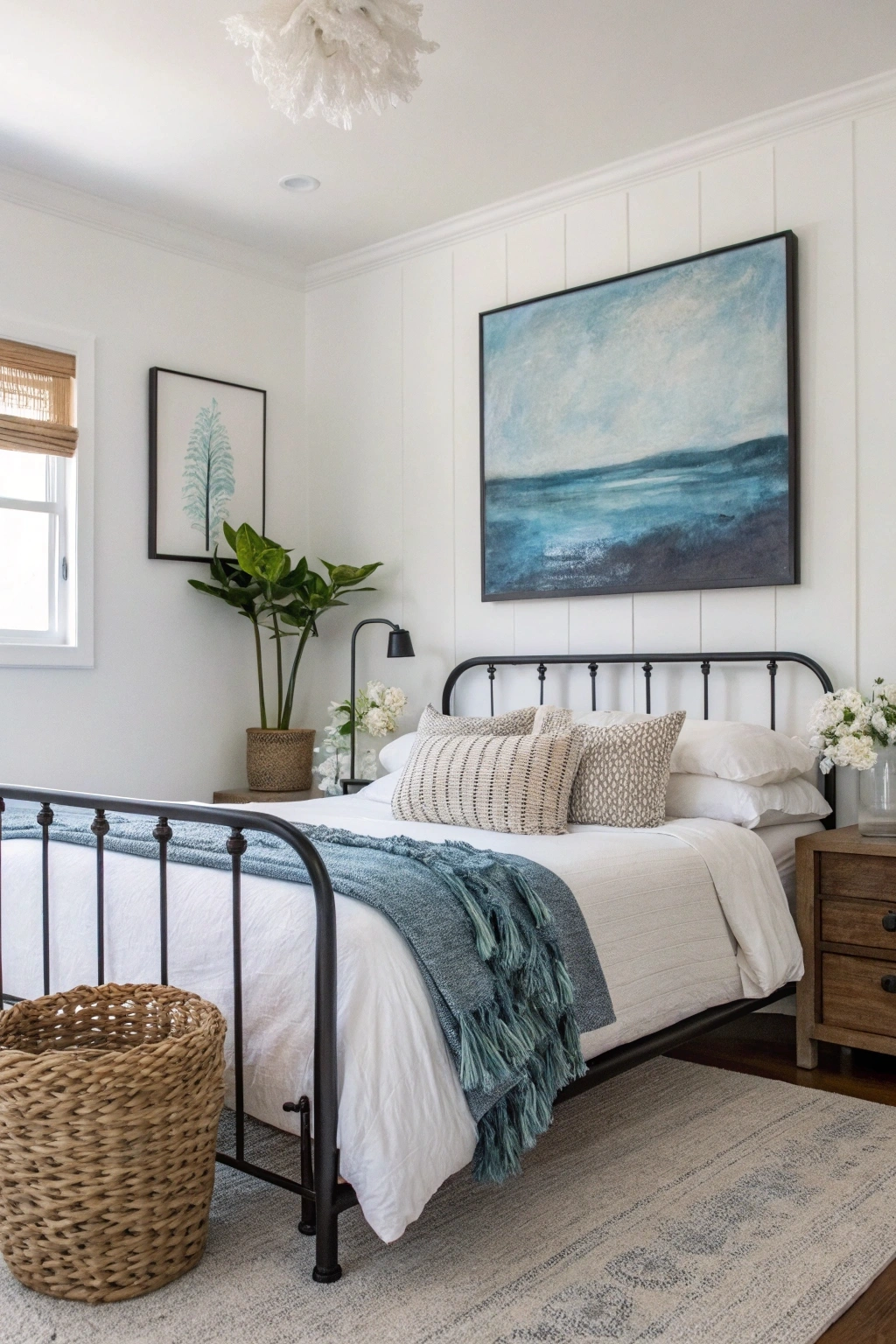 Minimalist eclectic bedroom design emphasizing clean lines, natural materials, and a focus on statement pieces.