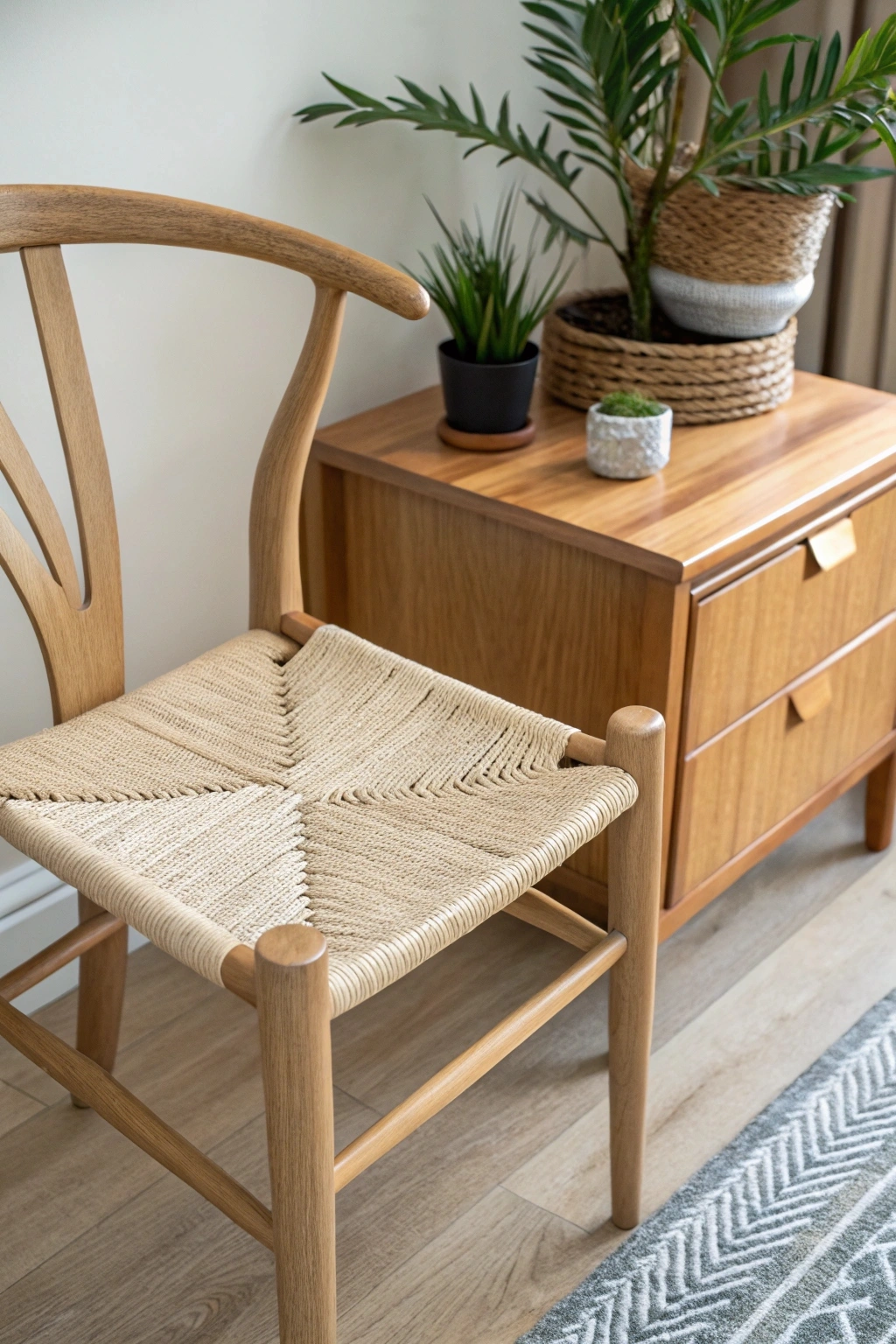 Elegant Wishbone Chair (CH24) with a focus on its handcrafted wooden frame and woven seat.