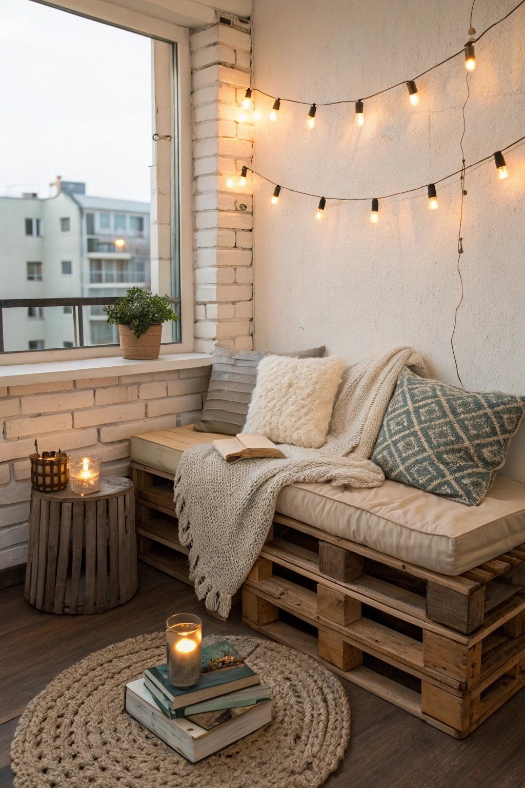 cozy budget-friendly reading nook with a bench made from stacked wooden pallets, covered in soft mismatched cushions and a chunky knit blanket. A small thrifted side table holds secondhand books and a lit candle. Warm string lights hang above, casting a soft glow in the small, inviting corner of the room.