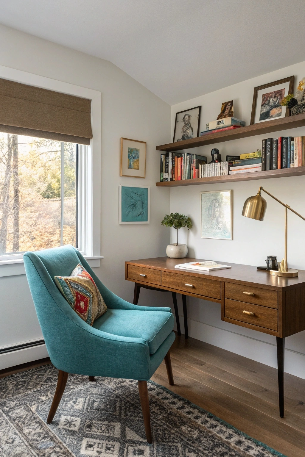 cozy mid-century modern home office nook with a small walnut desk, brass lamp, teal armchair, and bookshelves filled with art and design books.