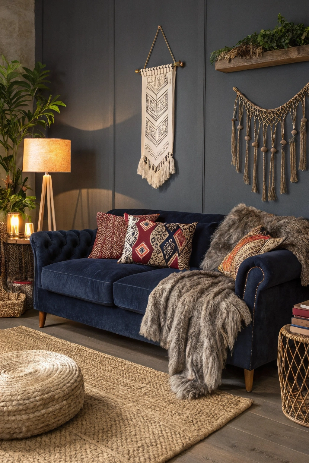 cozy dark bohemian living room with a navy velvet sofa, a faux fur throw, and patterned throw pillows. A jute rug, macramé wall hanging, and woven basket add texture, with warm lighting from a linen-shaded table lamp