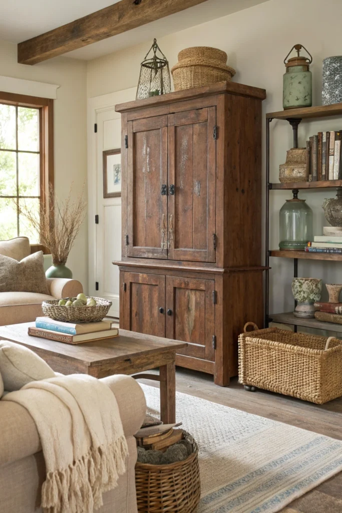 A cozy living room featuring a distressed brown wood cabinet with visible wood grain, chipped paint, and wrought iron handles. Vintage decor like mason jar vases, a woven basket, and antique books surround the cabinet. The room includes a plush neutral sofa, a soft throw blanket, and a rustic wooden coffee table, with warm natural lighting creating a welcoming farmhouse atmosphere.