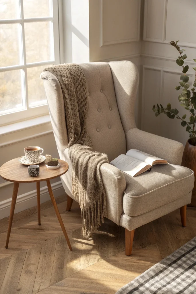 A cozy modern armchair with a high backrest and plush cushions, placed near a window with a throw blanket, side table, coffee cup, and open book. Warm natural lighting fills the room.