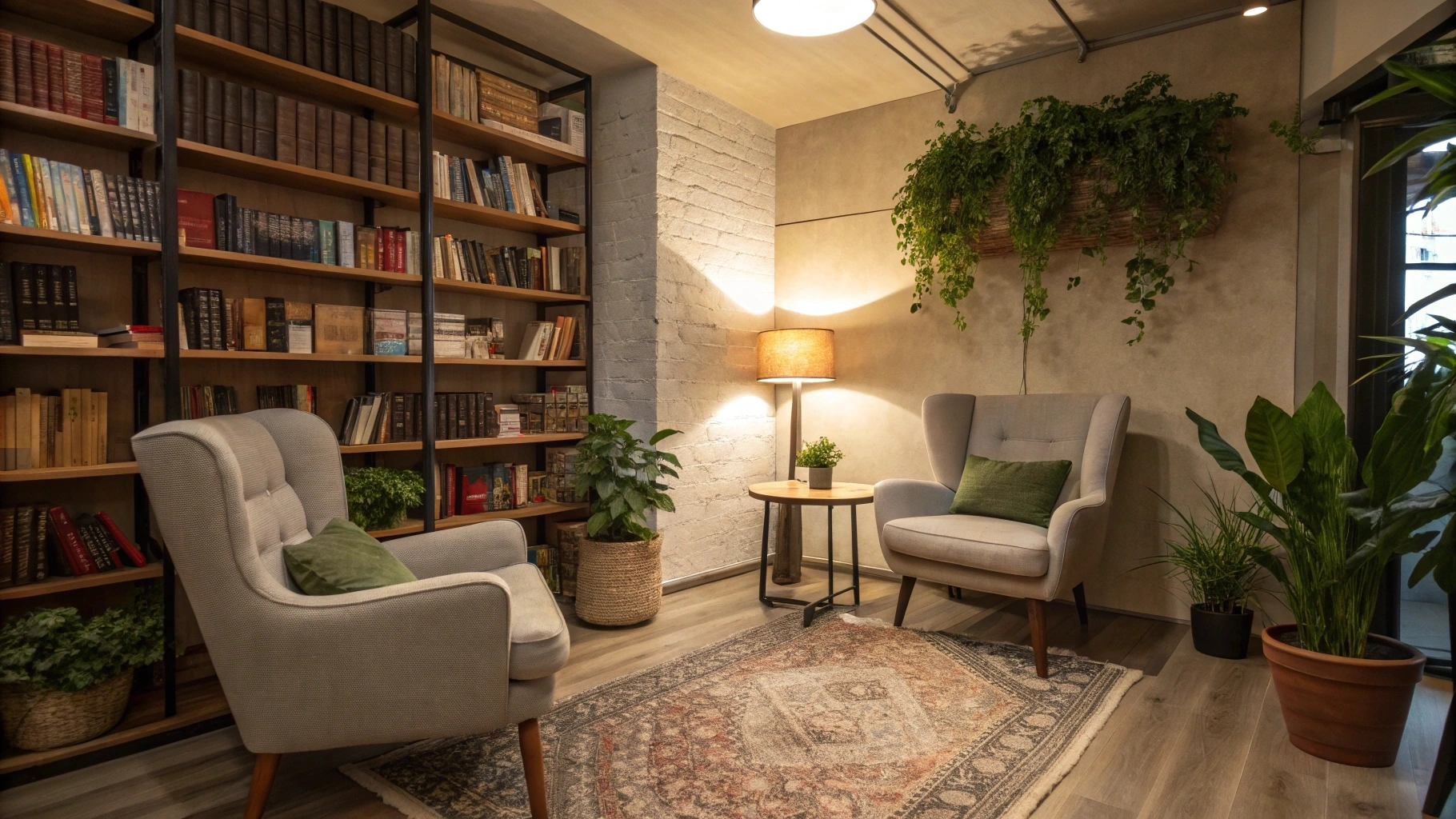 modern reading nook featuring a sleek armchair with a soft gray upholstery, positioned next to a minimalist side table holding a small potted plant and a stack of books. A floor lamp with a slim, metallic design provides warm lighting, while a large window lets in natural light, offering a view of lush greenery outside. The neutral color palette, clean lines, and cozy textures create a serene and inviting space for reading