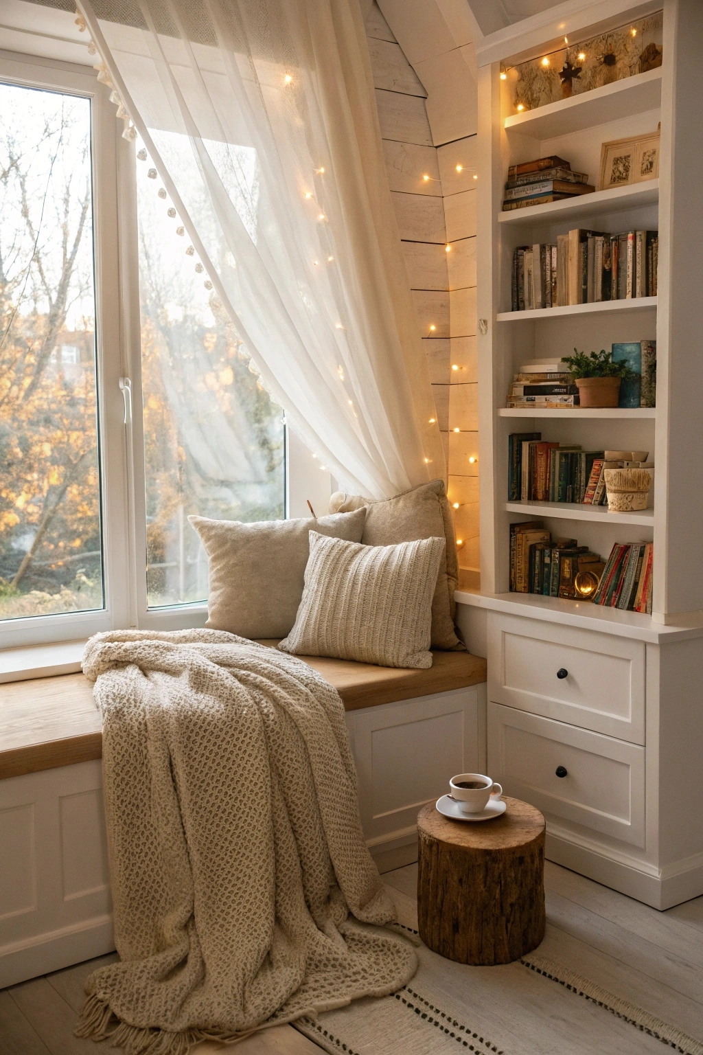 cozy reading nook built into a small window alcove with soft beige cushions and a chunky knit throw blanket. White built-in shelves are filled with books, and warm fairy lights drape around the window. A steaming mug of tea rests on a small wooden side table, with soft natural light filtering through sheer curtains, creating a peaceful atmosphere.