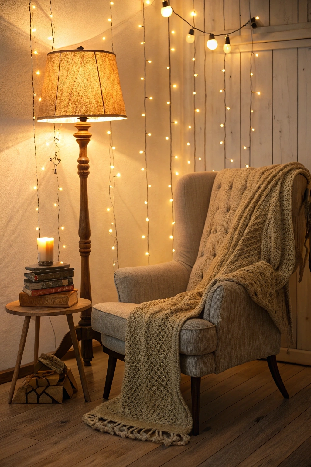 cozy reading nook bathed in warm ambient lighting. A plush armchair with a knitted blanket sits next to a wooden floor lamp with a soft fabric shade, casting a golden glow. String lights are delicately draped along the wall, and a small candle flickers on a rustic side table stacked with books, creating a warm and inviting atmosphere