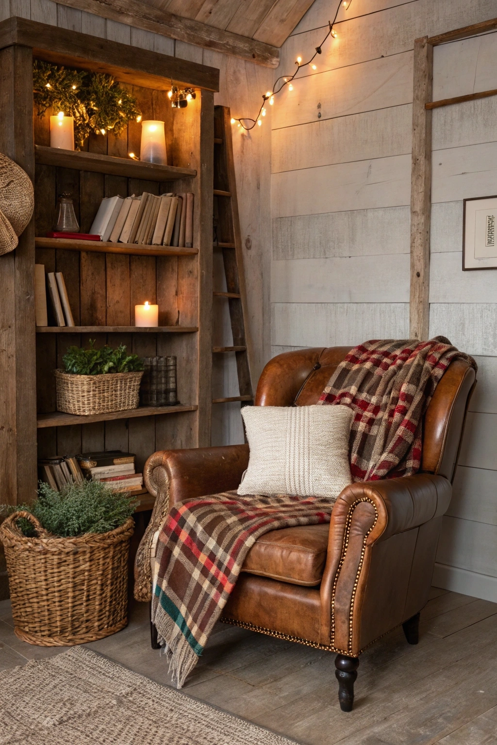 cozy rustic reading nook featuring a vintage brown leather armchair with a plaid throw blanket and textured cushions. Reclaimed wood shelves behind the chair are filled with books, candles, and small potted plants. A woven basket holds extra blankets, and warm fairy lights are draped along the wall, creating an inviting and charming atmosphere