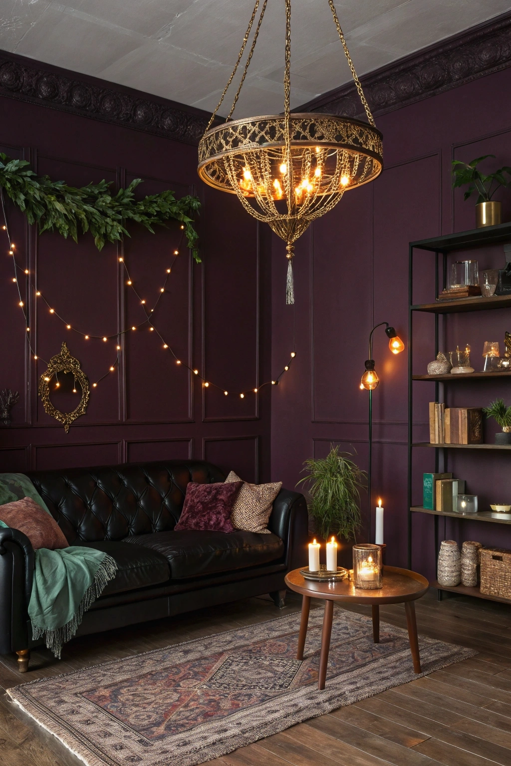 moody dark bohemian living room with deep plum walls, a black leather sofa, and a gold chandelier. Warm string lights, candles on a wooden coffee table, and boho decor create a cozy atmosphere.