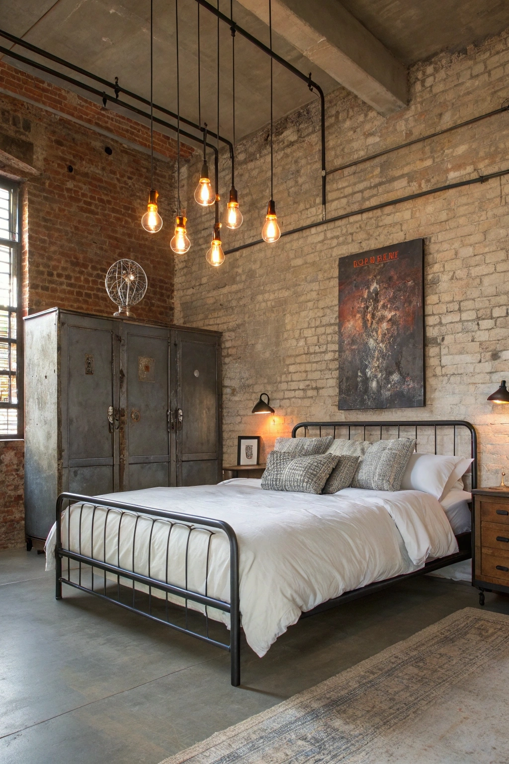 Industrial eclectic bedroom design blending raw materials like brick and metal with soft textures and modern furnishings.