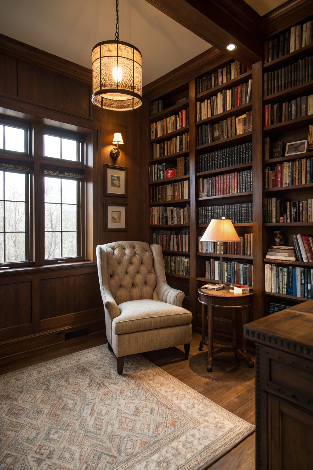 dramatic home library office with floor-to-ceiling bookshelves, a comfortable reading chair, and a hanging pendant lamp.