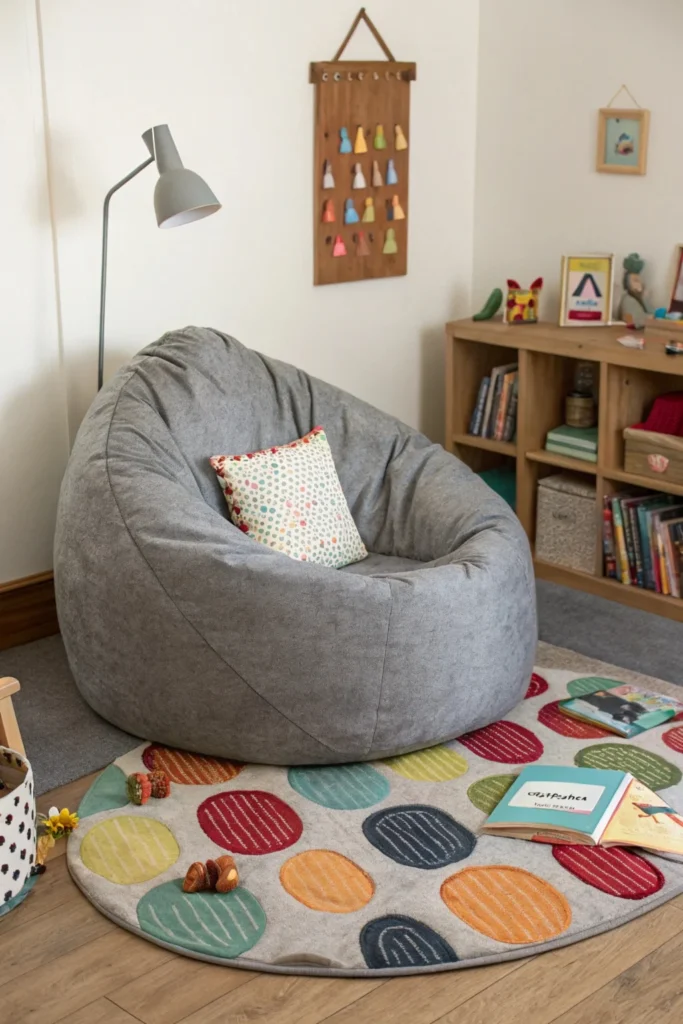 A large soft gray oversized bean bag chair set in a playful reading nook. The nook includes floor cushions, a colorful area rug, a small bookshelf, a fun floor lamp, and a few stuffed animals for a relaxed vibe.