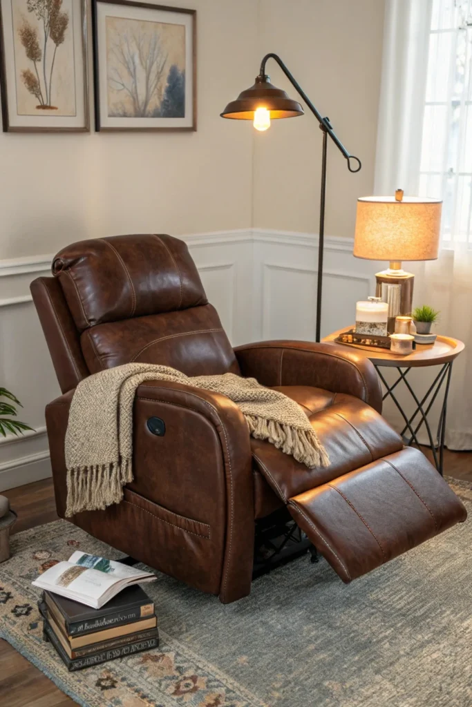 A luxurious brown leather recliner chair with an adjustable backrest and footrest, positioned in a comfortable reading nook. The nook features a floor lamp, a side table with a book and reading glasses, and a plush area rug