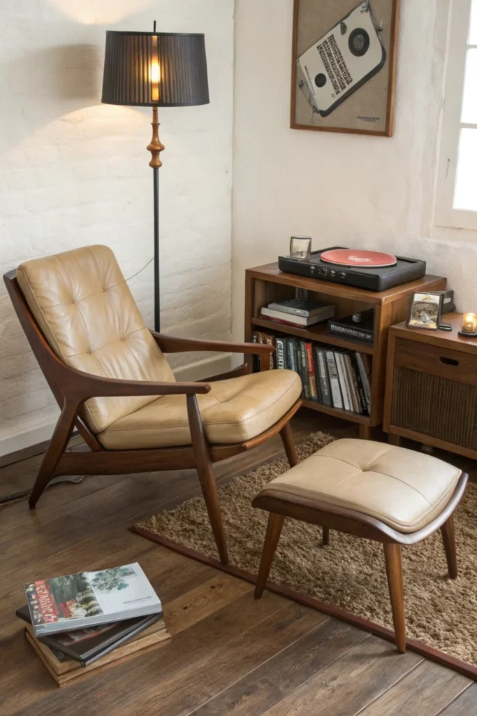 A mid-century lounge chair with a walnut frame and tan leather seat, placed in a retro-inspired reading nook. The nook features a vintage floor lamp, a side table with a record player, and a stack of books on the floor.