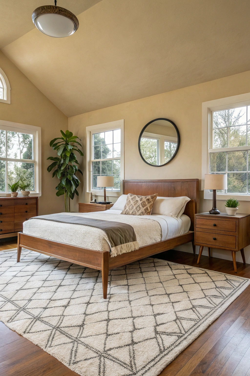 "mid-century modern bedroom with wooden platform bed, clean lines, and natural wood finishes"