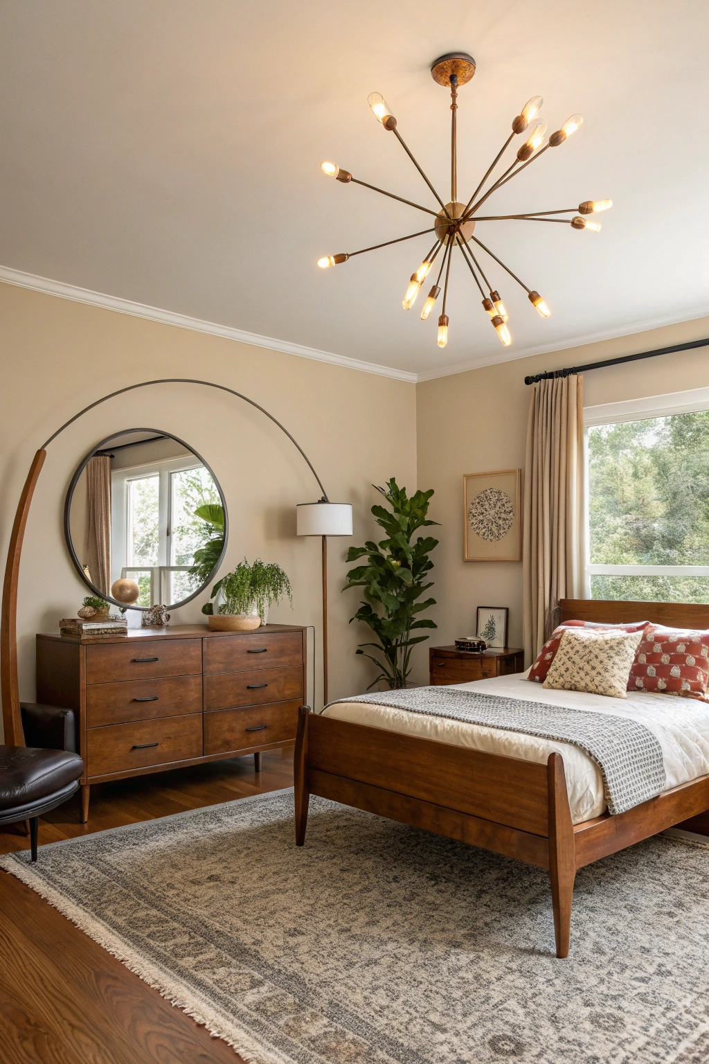 mid-century modern bedroom with retro Sputnik chandelier and wooden platform bed