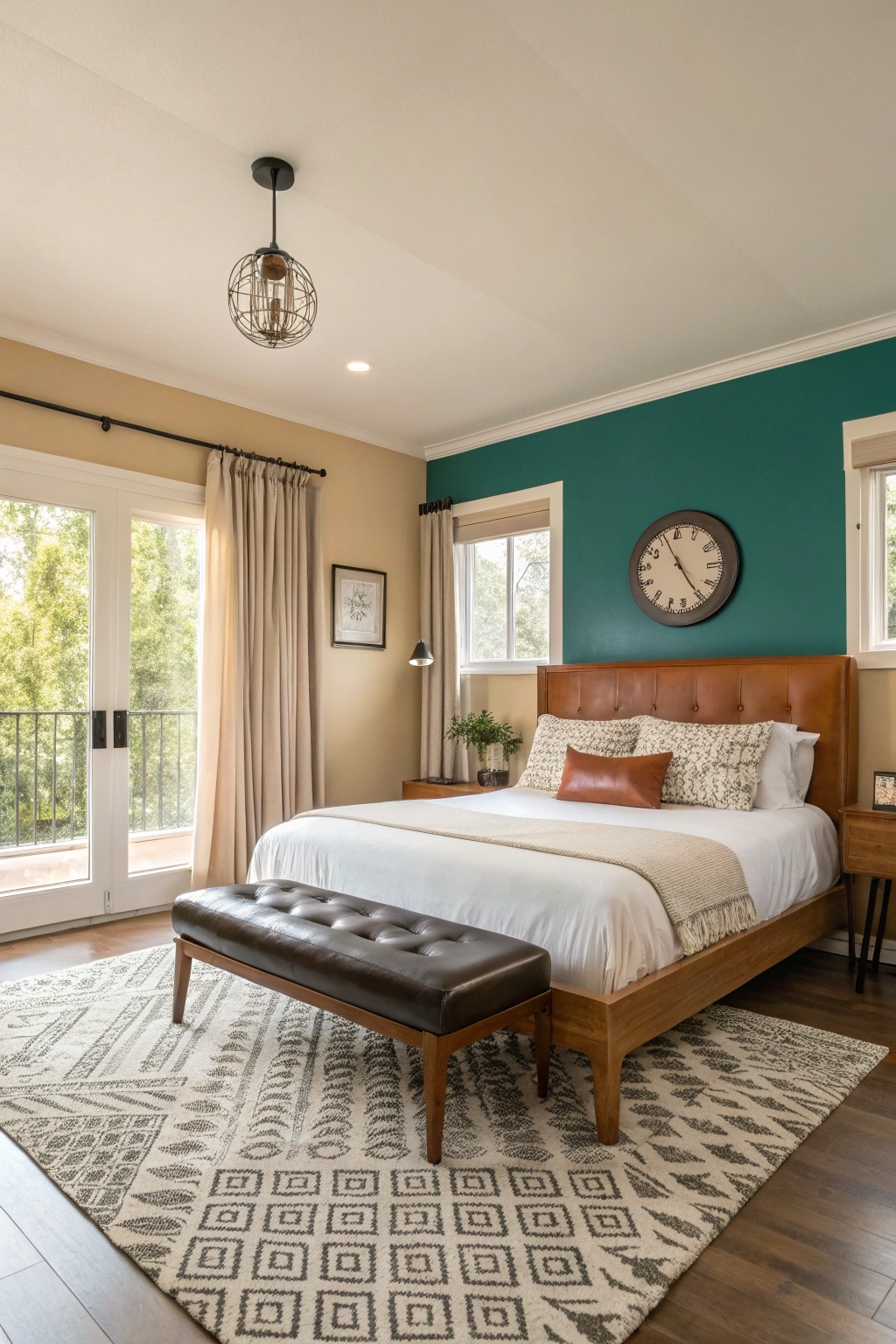 mid-century modern bedroom with two-tone walls and teal accent wall